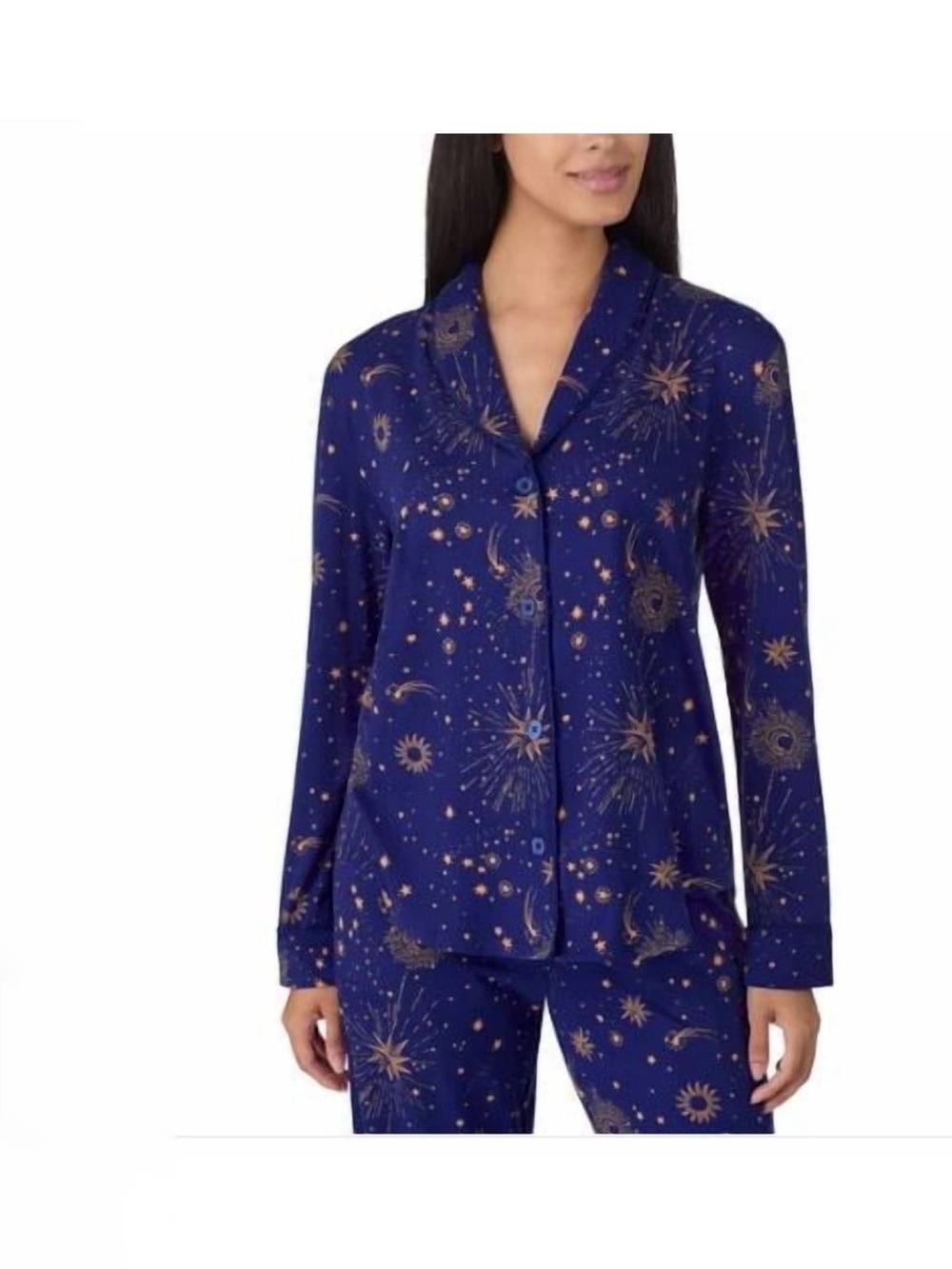 NEW-Room Service Women's Shawl Collar Lounge Pajama Set Blue Celestial Star/Moon - Picture 6 of 14